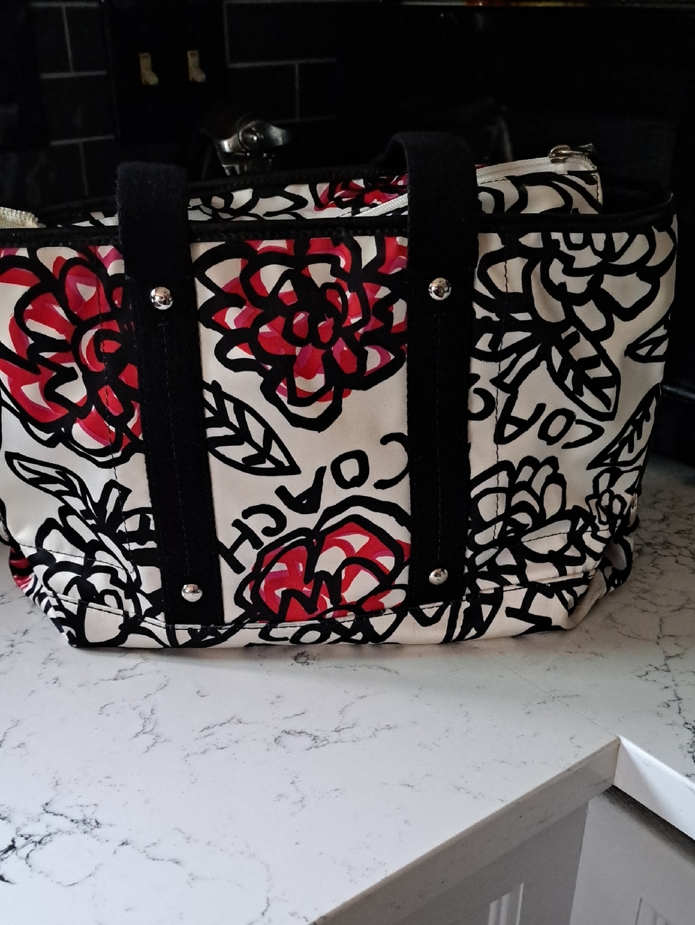Coach Canvas Floral Tote in White, Black & Red